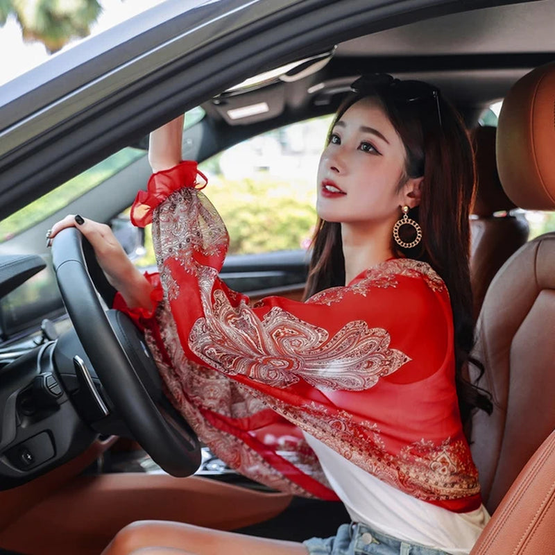 New Women Summer Sun Protection Beach Shawl Print Flower Chiffon Sunscreen Riding Arm Shade Scarf Outdoor Cycling Driving Sleeve