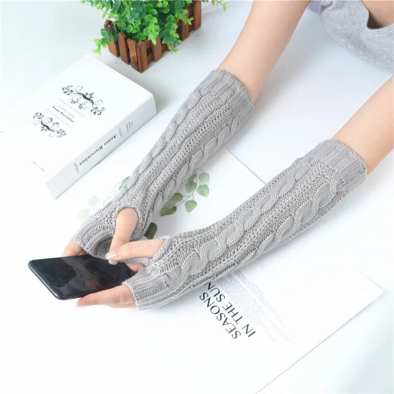 Women'S Long Fingerless Gloves Winter Punk Warm Oversleeves Knitted Half Finger Twist Arm Sleeve Mitten Keep Warm Arm Warmer