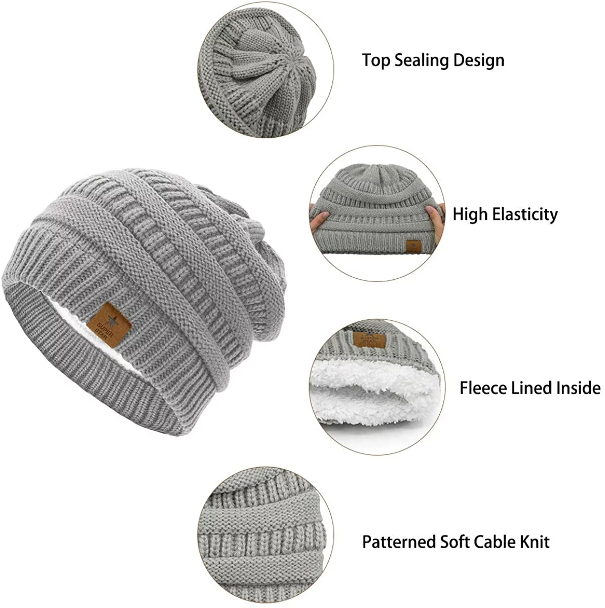 Womens Knit Beanie Winter Thick Solid Fleece Lined Beanie Hats for Women Men Unisex Warm Skiing Beanies Ivory White