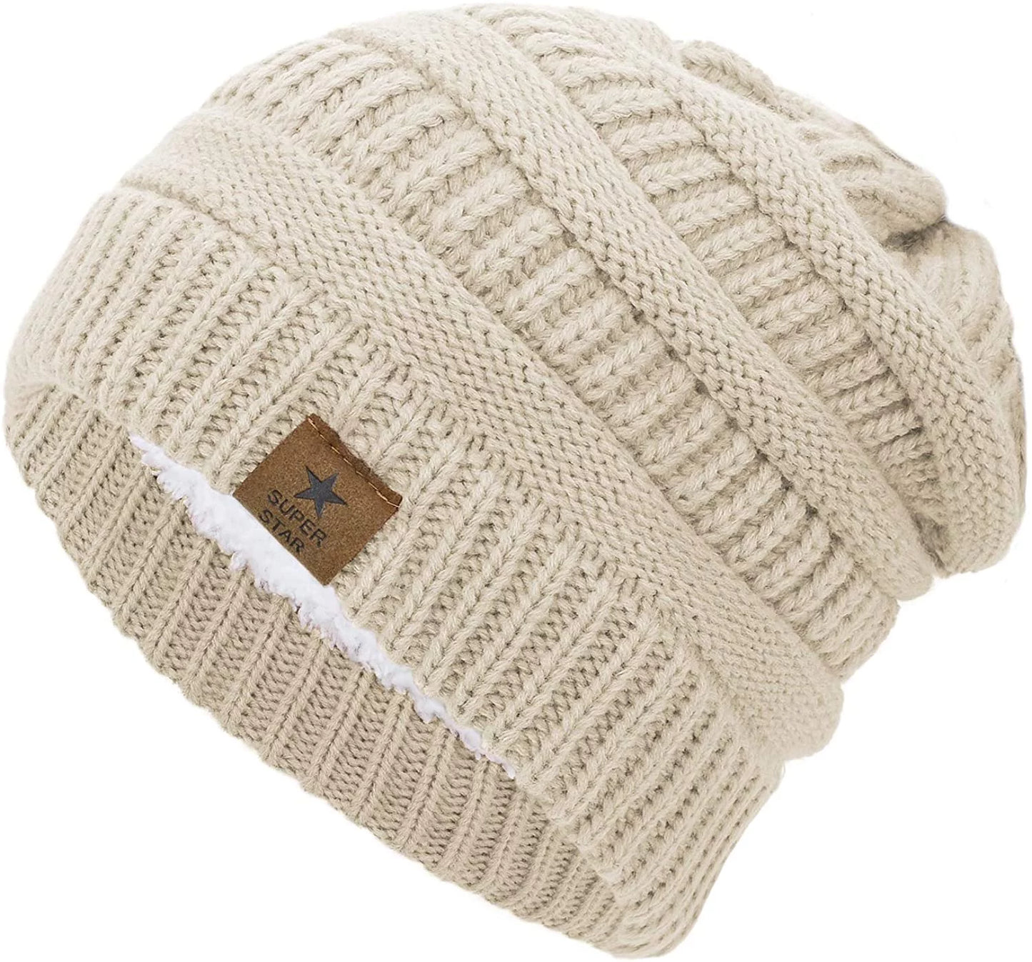 Womens Knit Beanie Winter Thick Solid Fleece Lined Beanie Hats for Women Men Unisex Warm Skiing Beanies Ivory White