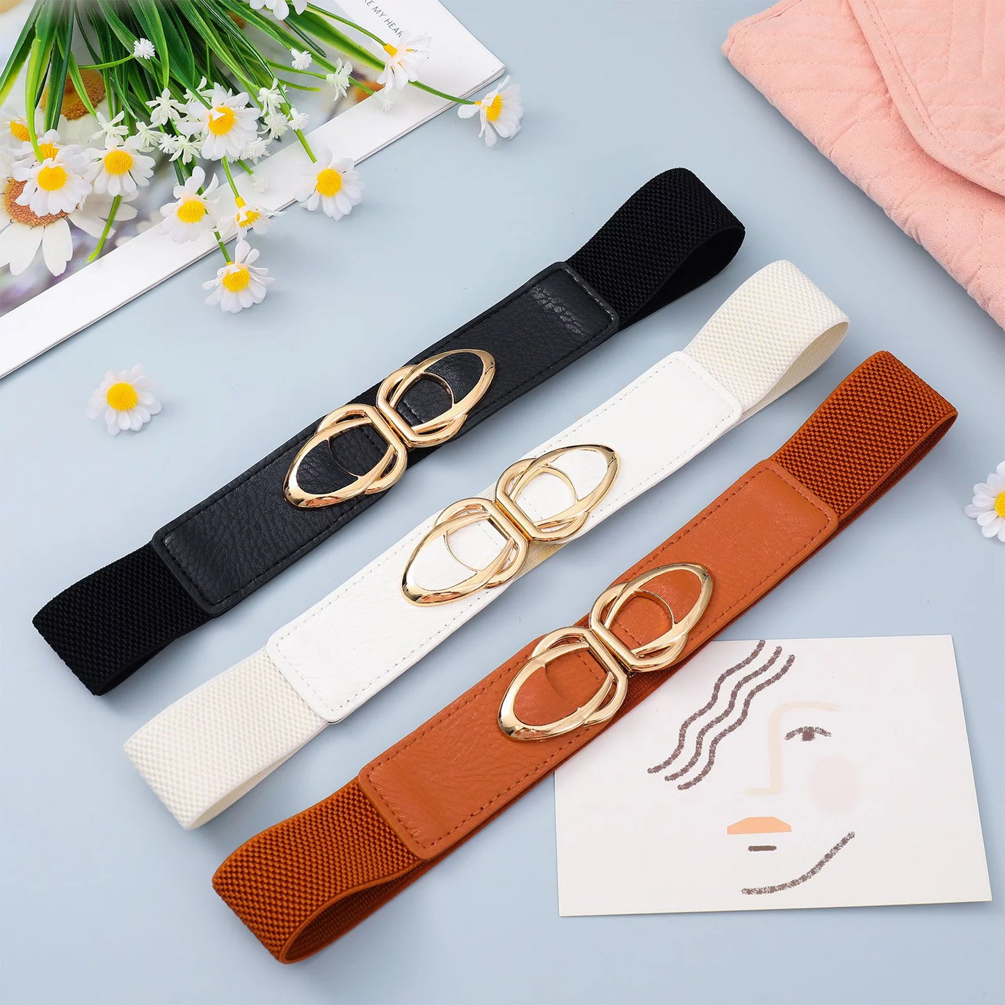 3 Pcs Women Wide Elastic Waist Belt, Ladies Retro Cinch Belts, PU Leather Stretchy Stylish Dress Belts with Buckle, Stretch Belts for Women