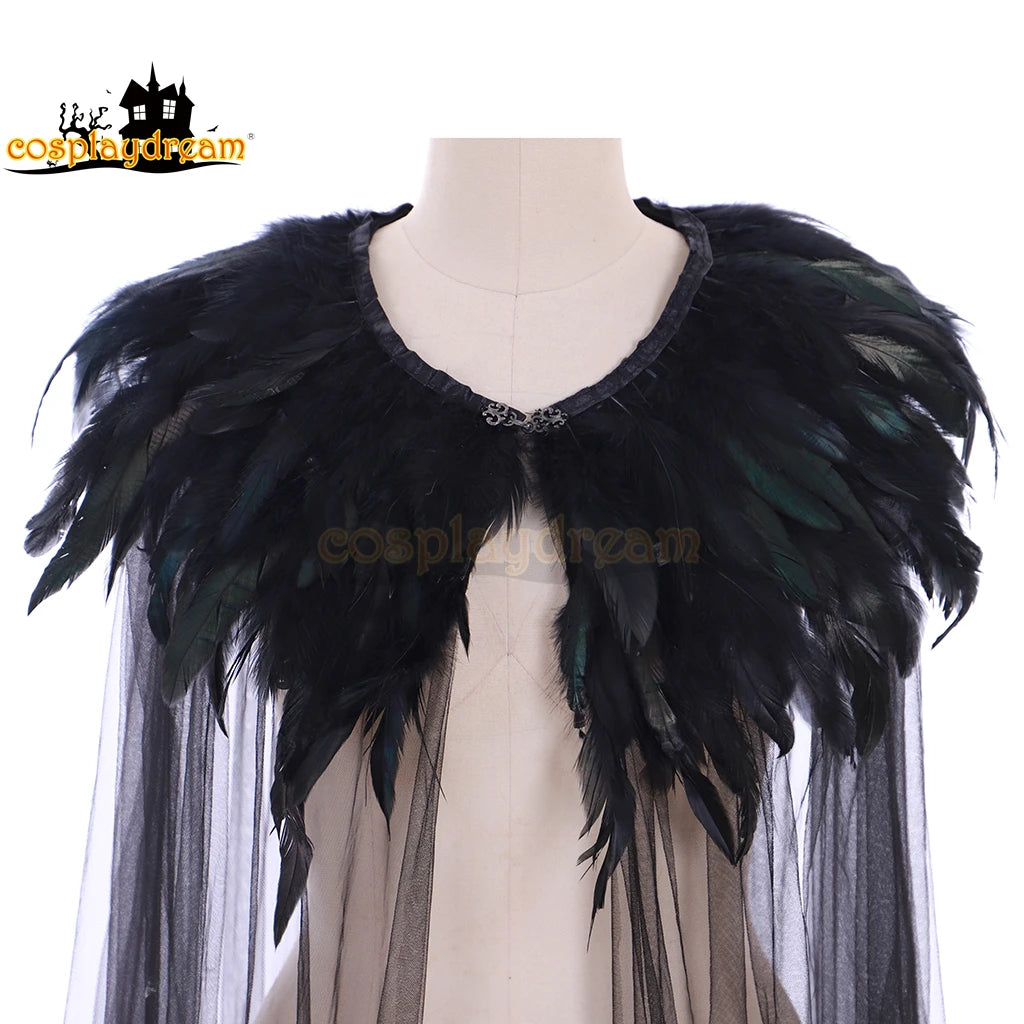 Black Feather Cloak Cool Unisex Mantle Wicca Cape Medieval Cape Shawl Halloween Party Witch Wizard Cosplay Costumes