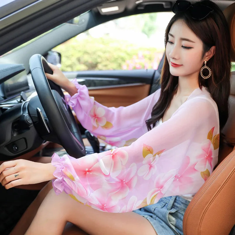 New Women Summer Sun Protection Beach Shawl Print Flower Chiffon Sunscreen Riding Arm Shade Scarf Outdoor Cycling Driving Sleeve