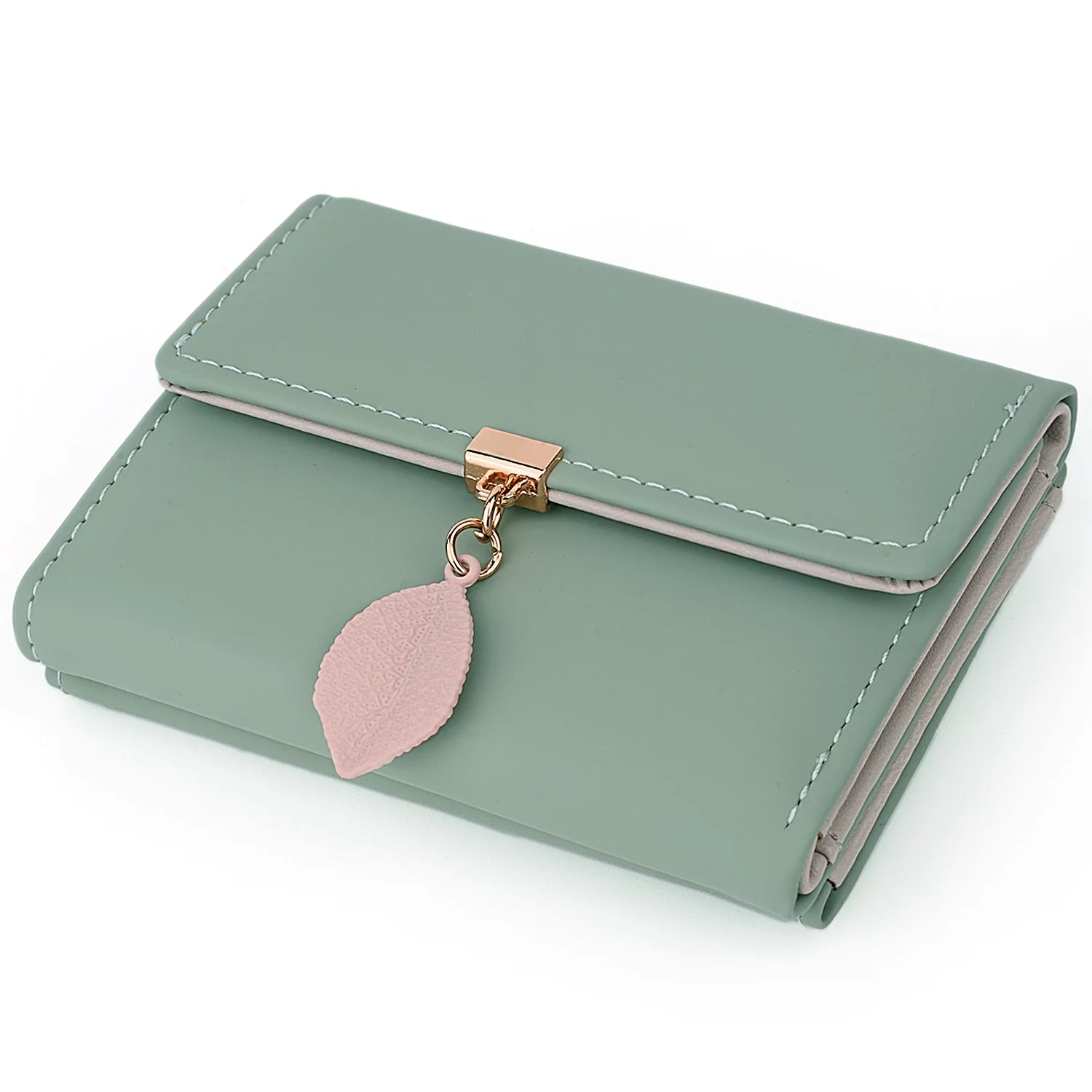 Small Wallet for Women PU Leather RFID Blocking Coin Purse Card Holder Trifold Ladies Purse Leaf Pendant(Green)